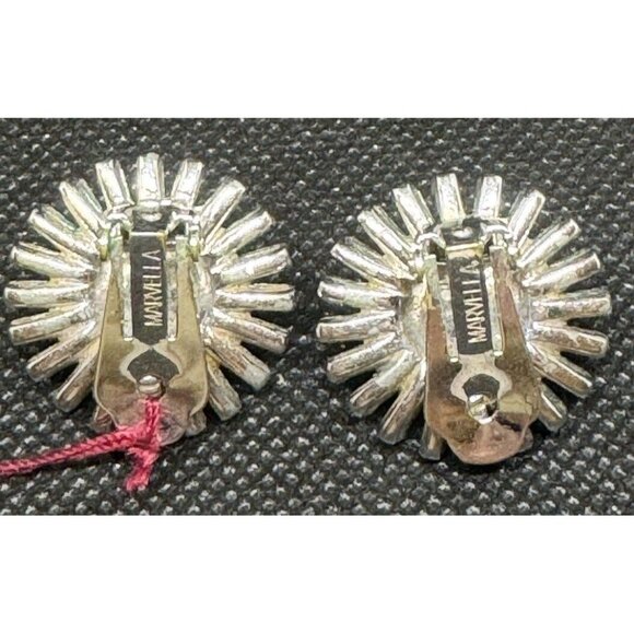 VINTAGE MARVELLA Earrings CRYSTAL BAGUETTE RHINESTONE SUNBURST PEARL CLIP ON - Picture 2 of 3